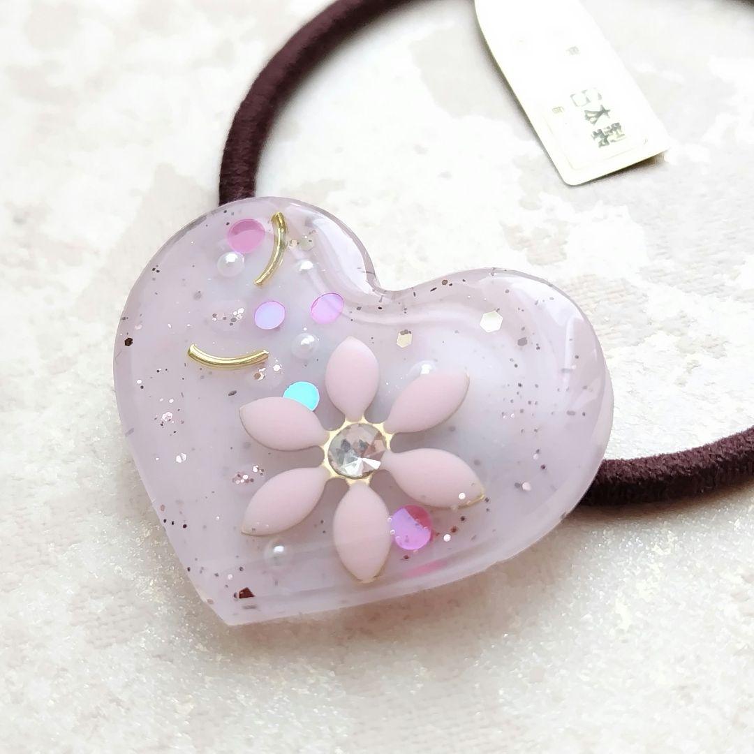 ピンクパーツフラワーハートレジンヘアゴム