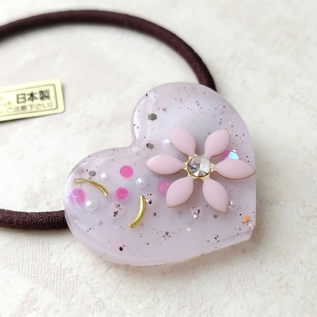ピンクパーツフラワーハートレジンヘアゴム
