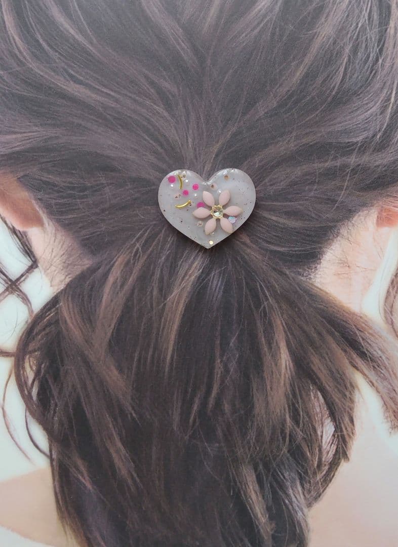 ピンクパーツフラワーハートレジンヘアゴム