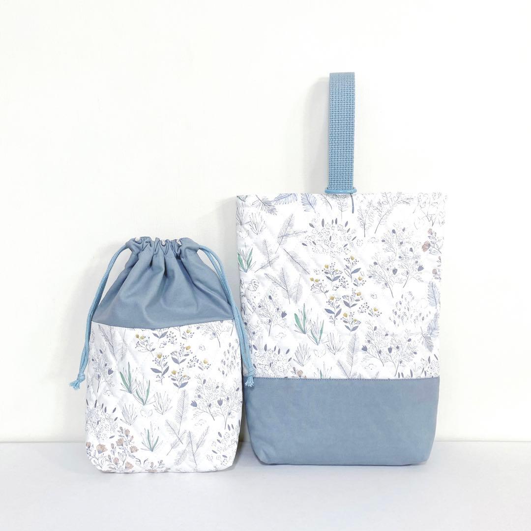 キルティング　入園入学　2点セット　キルト　森　動物　くすみブルー