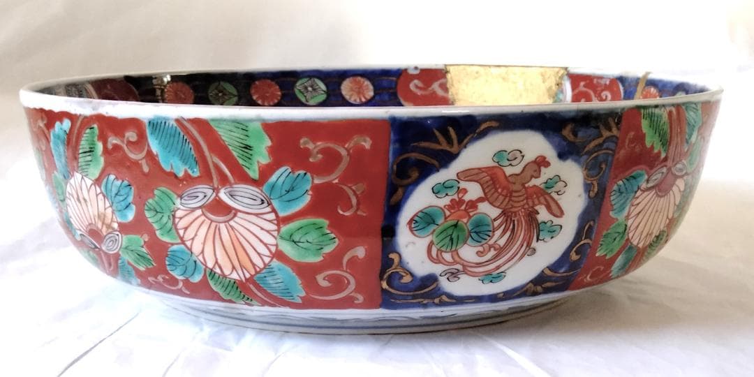 陶器 大深鉢(大) 荒波に獅子・牡丹・鳳凰 色絵 二重鉢揃い Ab-318