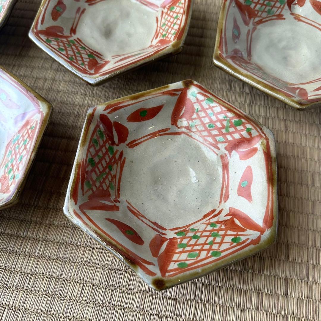 壺屋焼 國場一作【赤絵六角銘々皿 5客組】小皿 やちむん 琉球 民藝 懐石