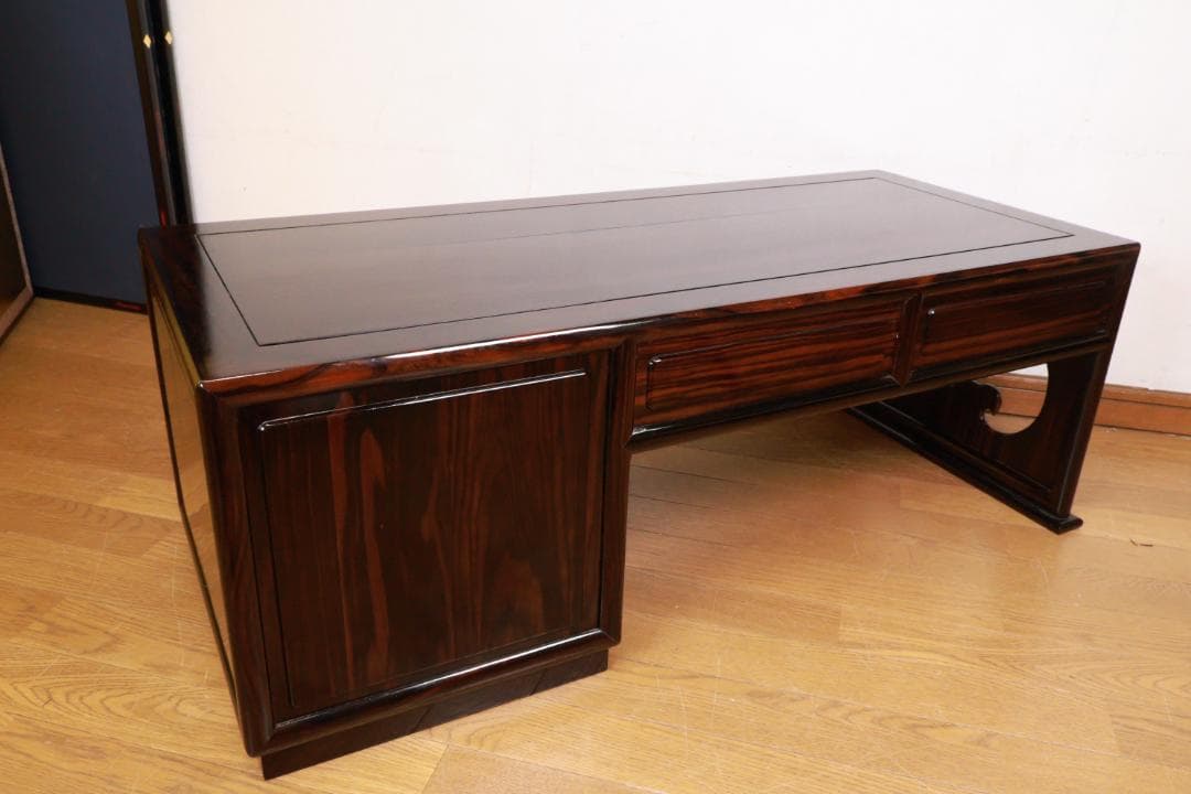 時代家具　縞黒檀　総無垢　文机　片袖　座敷机　文豪机　書斎机 BE989