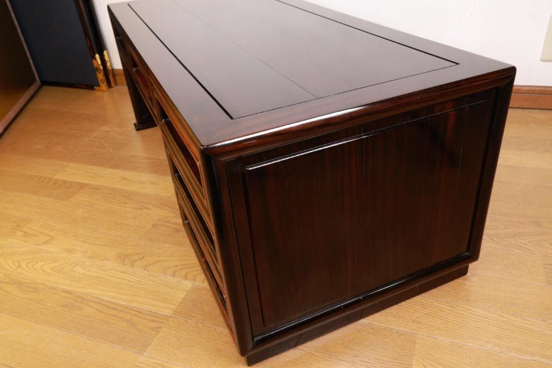 時代家具　縞黒檀　総無垢　文机　片袖　座敷机　文豪机　書斎机 BE989