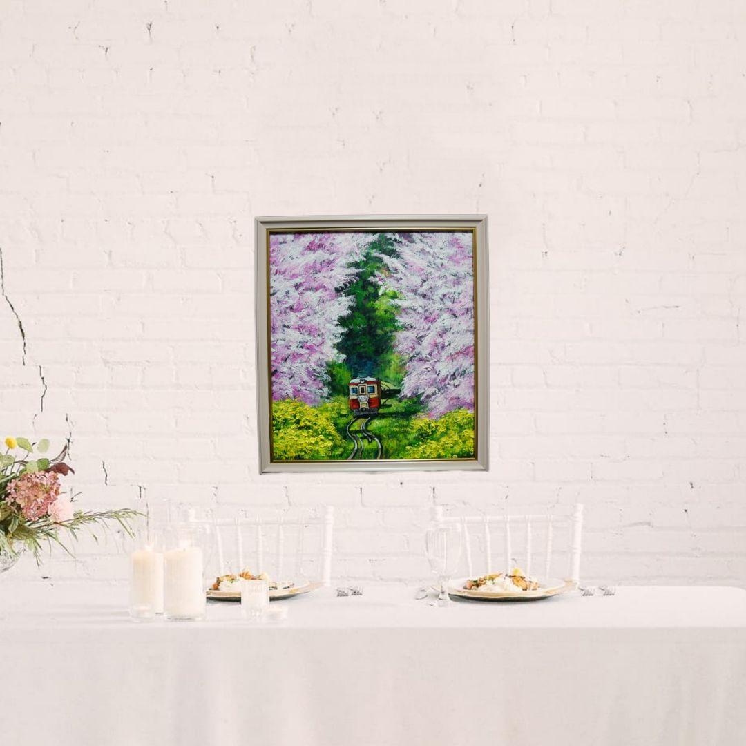 油絵 油彩 油彩画 絵画 絵 【桜と菜の花の鉄道】