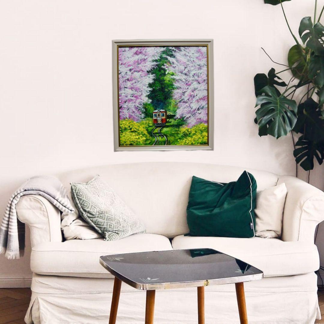 油絵 油彩 油彩画 絵画 絵 【桜と菜の花の鉄道】