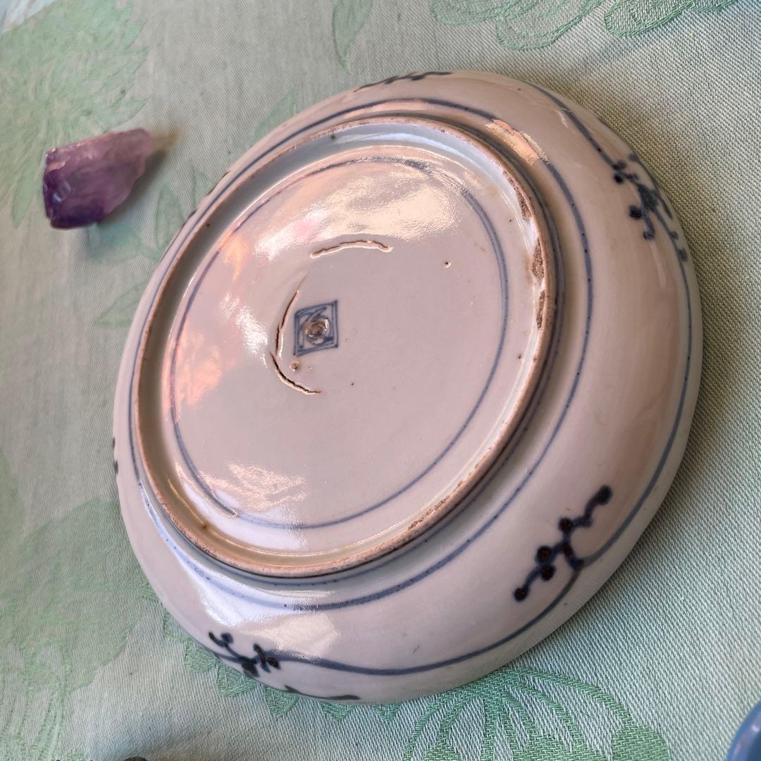 江戸中期　古伊万里　熨斗　松竹梅　吉祥紋様　染付　輪花型　中皿　6寸皿