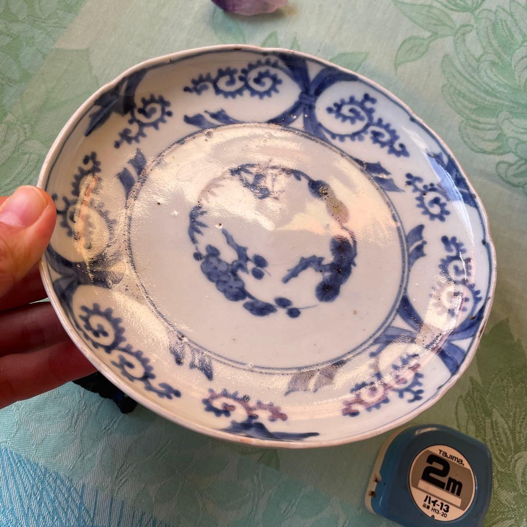 江戸中期　古伊万里　熨斗　松竹梅　吉祥紋様　染付　輪花型　中皿　6寸皿