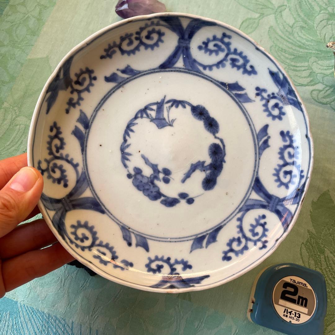 江戸中期　古伊万里　熨斗　松竹梅　吉祥紋様　染付　輪花型　中皿　6寸皿