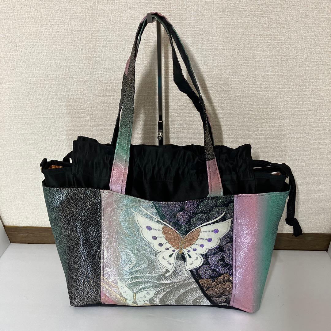 帯　リメイク　巾着トートバッグ　A4対応 キラキラー蝶々