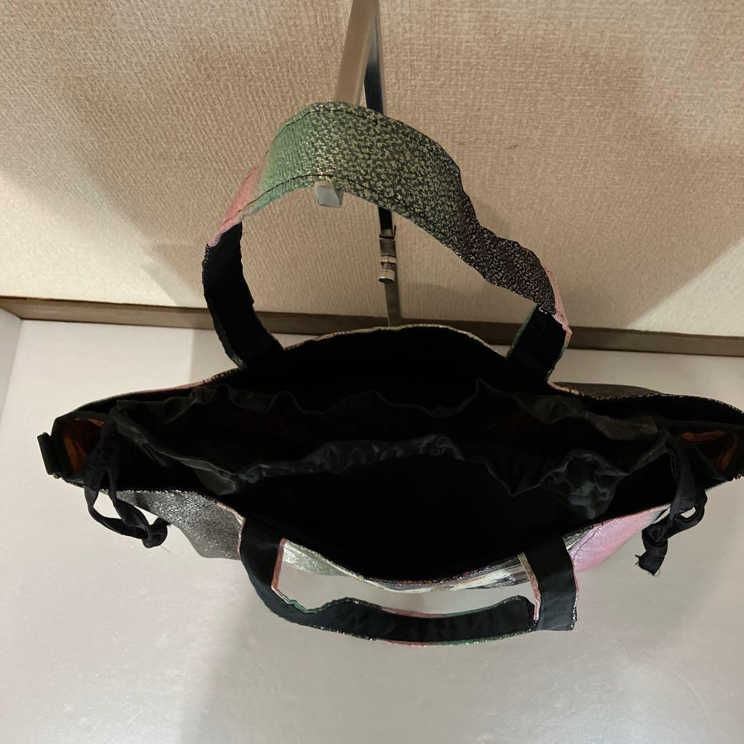 帯　リメイク　巾着トートバッグ　A4対応 キラキラー蝶々