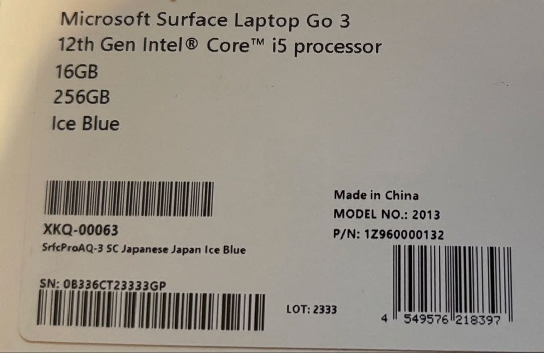 Windowsノート本体 Microsoft Surface Laptop Go 3 16GB