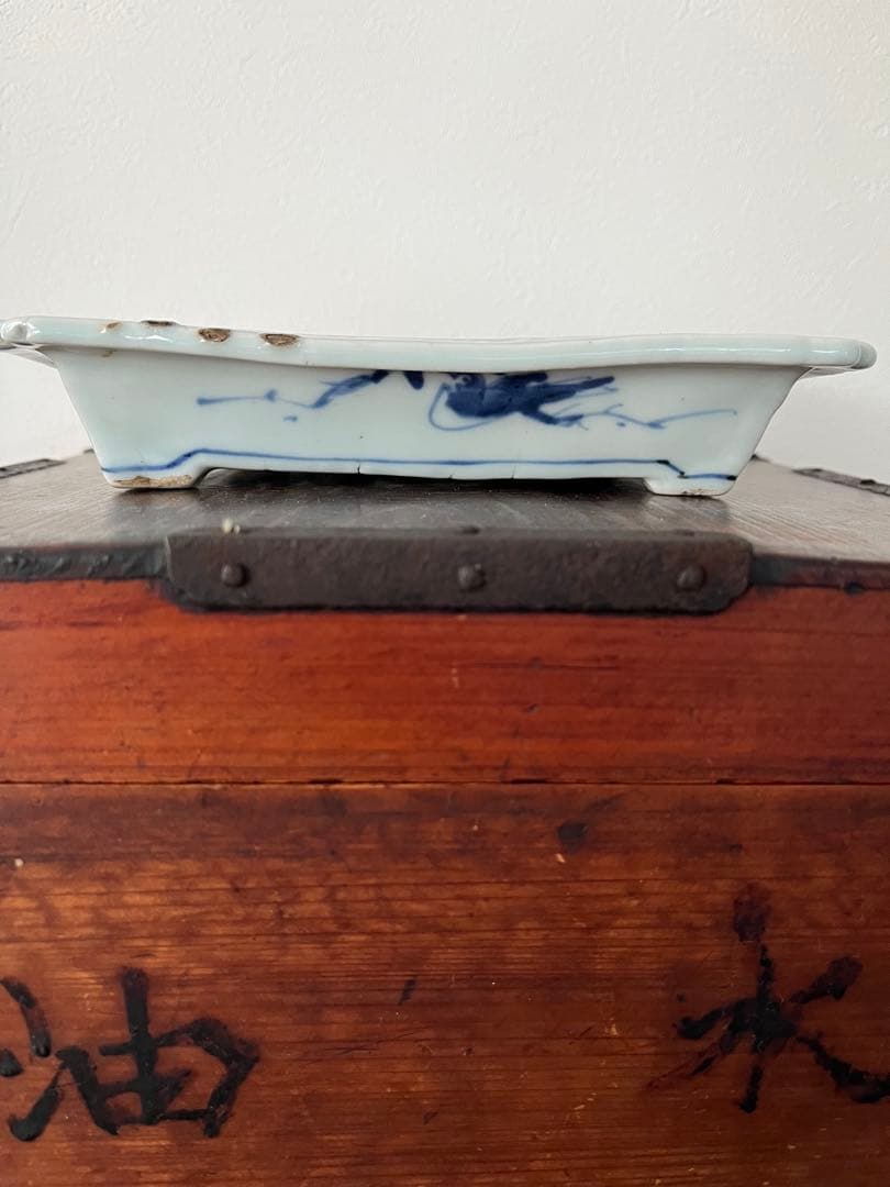 希少　中国骨董　明時代　天啓　古染付　牛車翁　紗綾紋　隅切角皿　古伊万里　清朝期