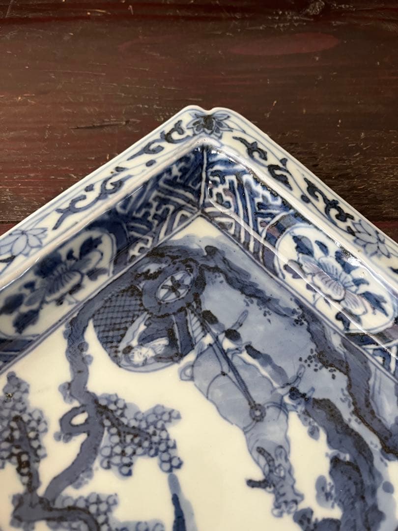 希少　中国骨董　明時代　天啓　古染付　牛車翁　紗綾紋　隅切角皿　古伊万里　清朝期