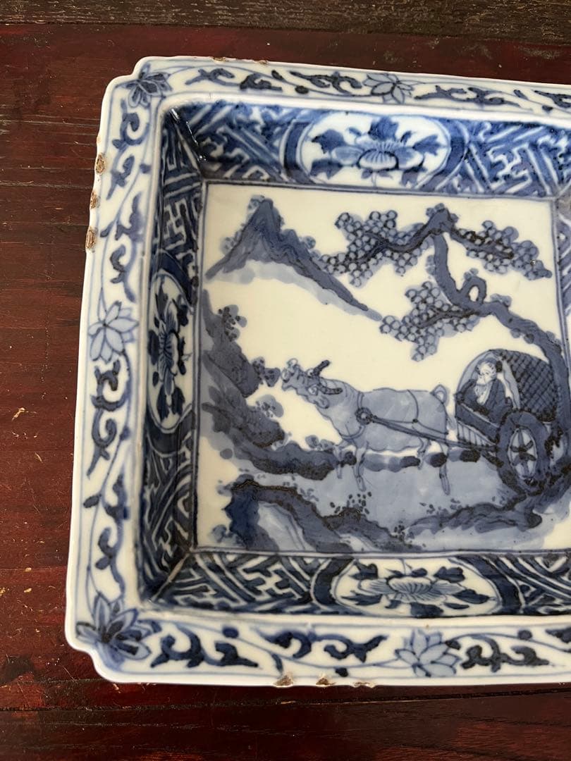 希少　中国骨董　明時代　天啓　古染付　牛車翁　紗綾紋　隅切角皿　古伊万里　清朝期