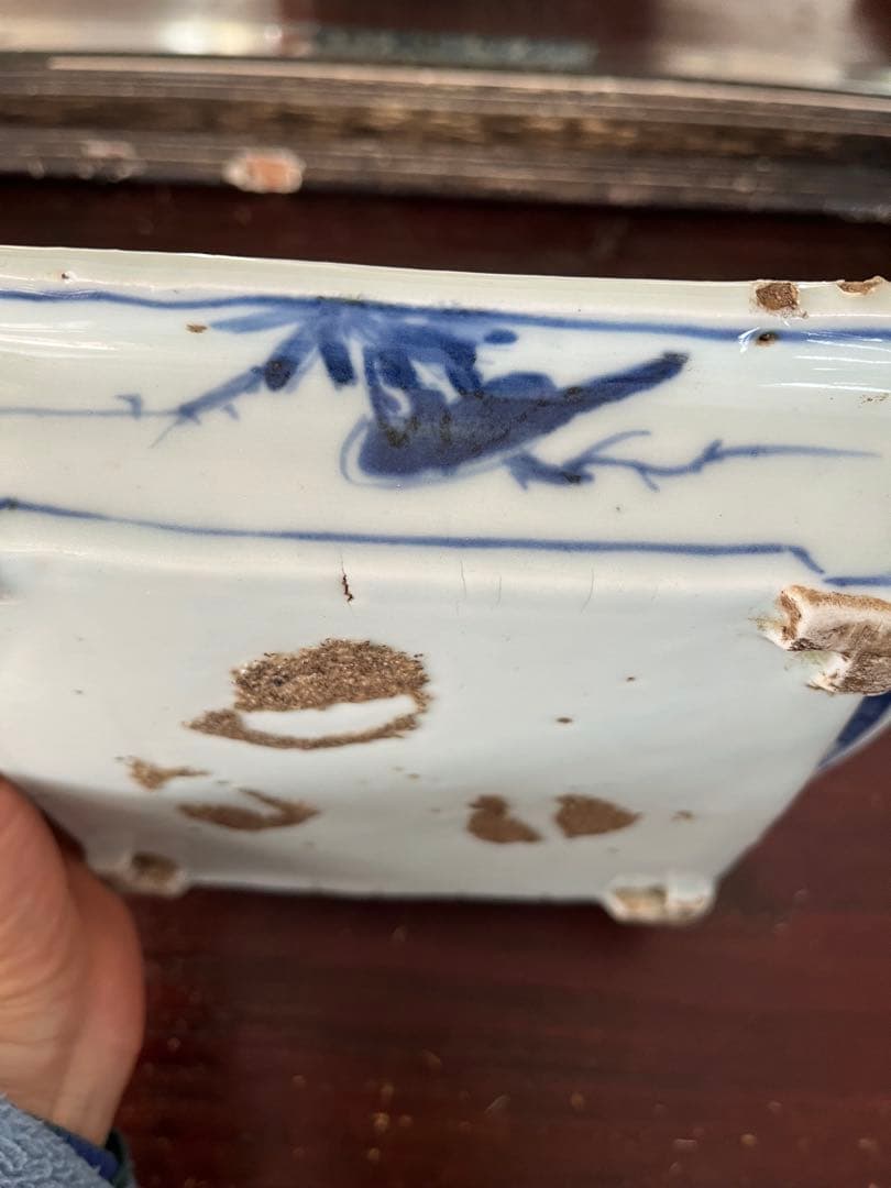 希少　中国骨董　明時代　天啓　古染付　牛車翁　紗綾紋　隅切角皿　古伊万里　清朝期