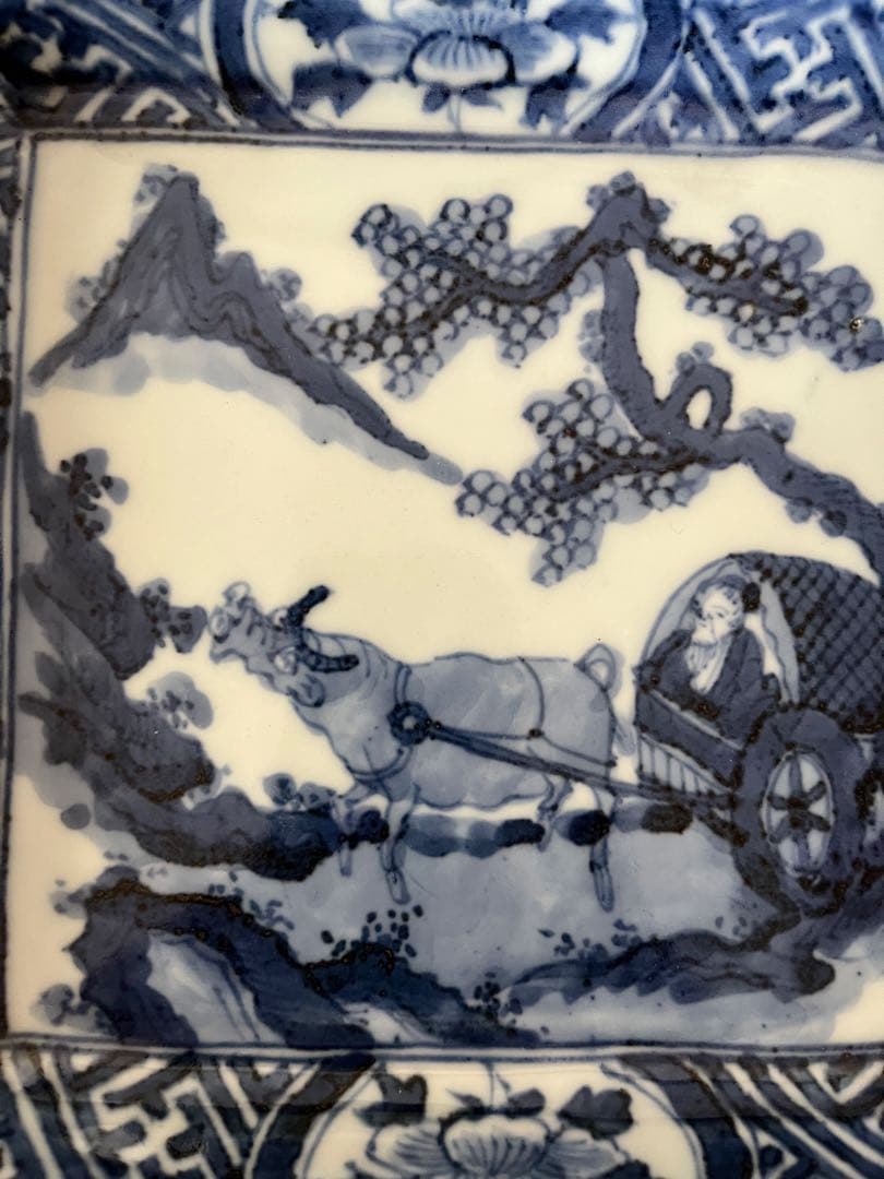 希少　中国骨董　明時代　天啓　古染付　牛車翁　紗綾紋　隅切角皿　古伊万里　清朝期