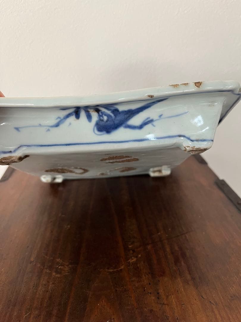 希少　中国骨董　明時代　天啓　古染付　牛車翁　紗綾紋　隅切角皿　古伊万里　清朝期