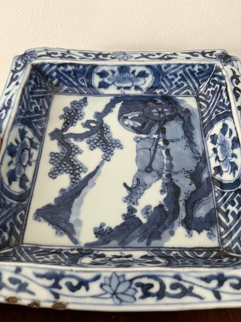 希少　中国骨董　明時代　天啓　古染付　牛車翁　紗綾紋　隅切角皿　古伊万里　清朝期