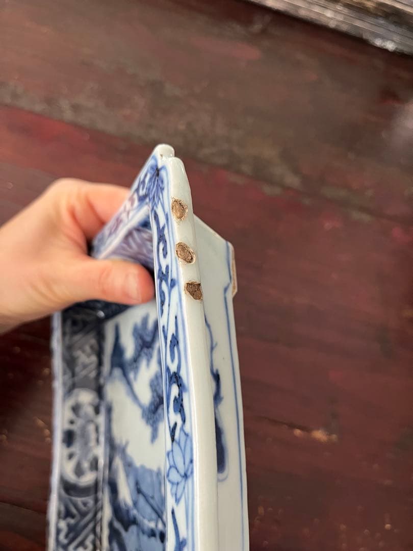 希少　中国骨董　明時代　天啓　古染付　牛車翁　紗綾紋　隅切角皿　古伊万里　清朝期