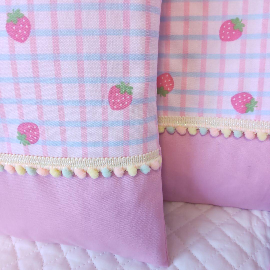 入園入学♡ミルクいちご柄 レッスンバック３点セット♡ラメカラフルポンポンレ―ス