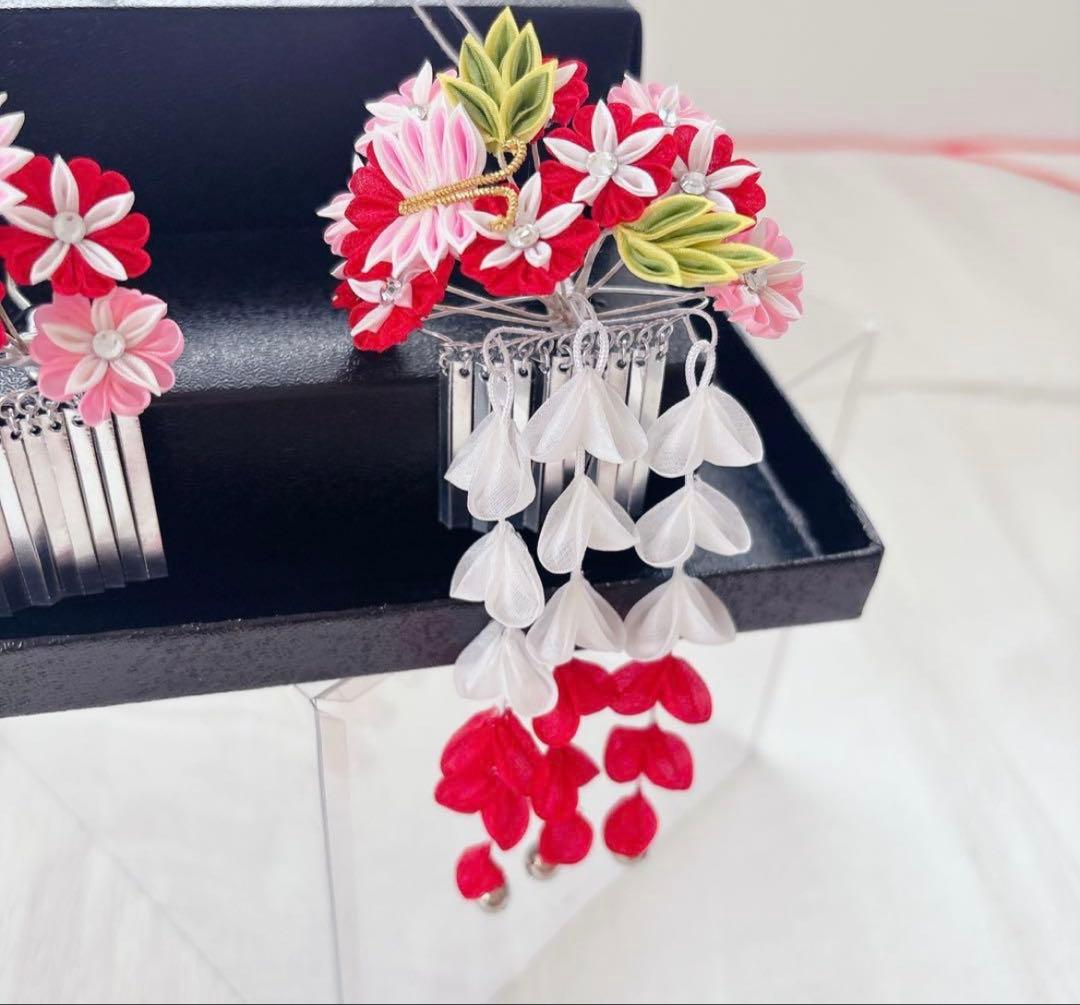 七五三　赤　ピンク　勝山かんざし　髪飾り　簪　かのこ　ちんころ　日本髪　７歳