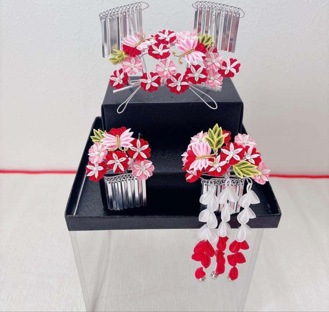 七五三　赤　ピンク　勝山かんざし　髪飾り　簪　かのこ　ちんころ　日本髪　７歳