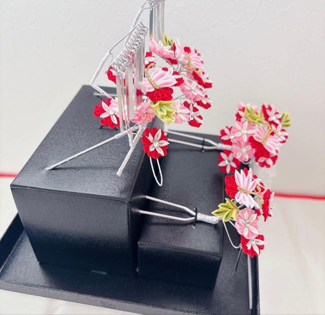 七五三　赤　ピンク　勝山かんざし　髪飾り　簪　かのこ　ちんころ　日本髪　７歳