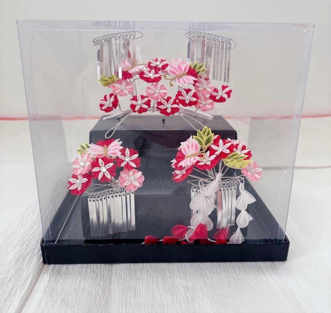 七五三　赤　ピンク　勝山かんざし　髪飾り　簪　かのこ　ちんころ　日本髪　７歳