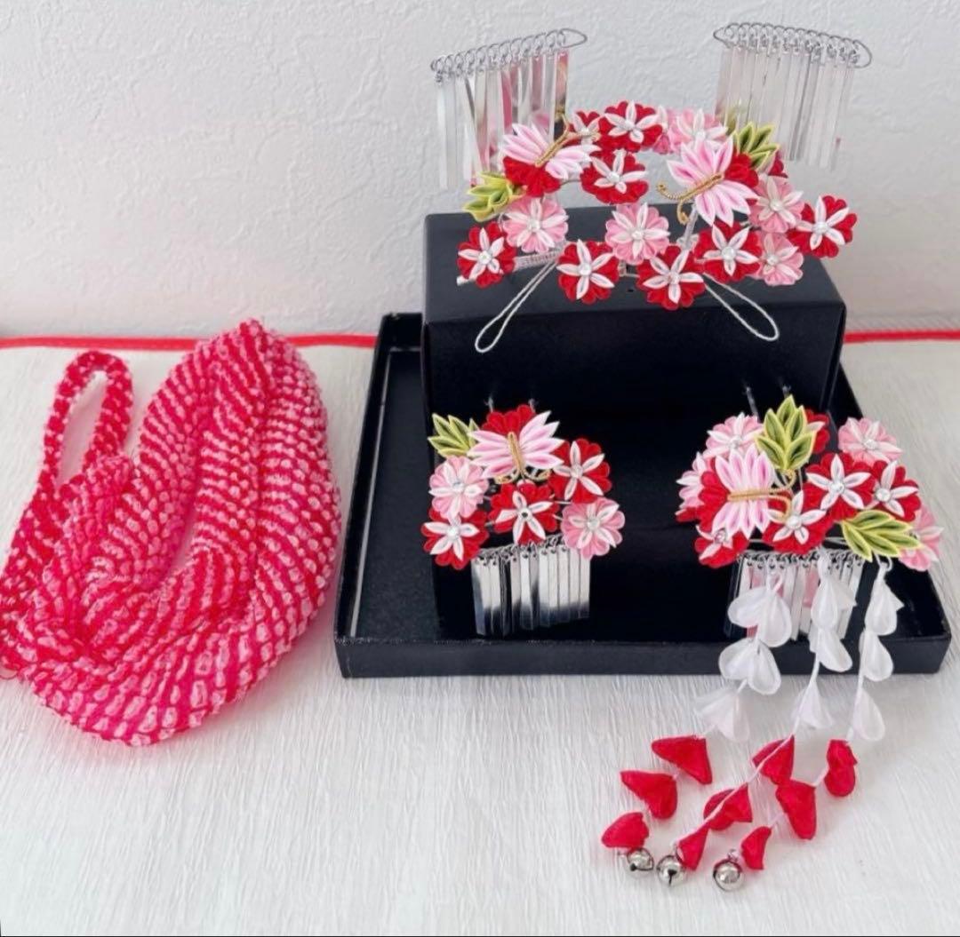 七五三　赤　ピンク　勝山かんざし　髪飾り　簪　かのこ　ちんころ　日本髪　７歳