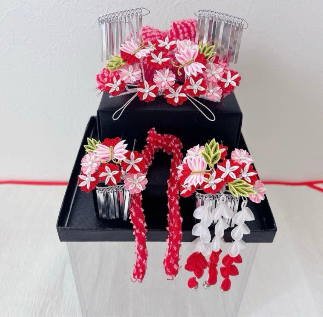 七五三　赤　ピンク　勝山かんざし　髪飾り　簪　かのこ　ちんころ　日本髪　７歳