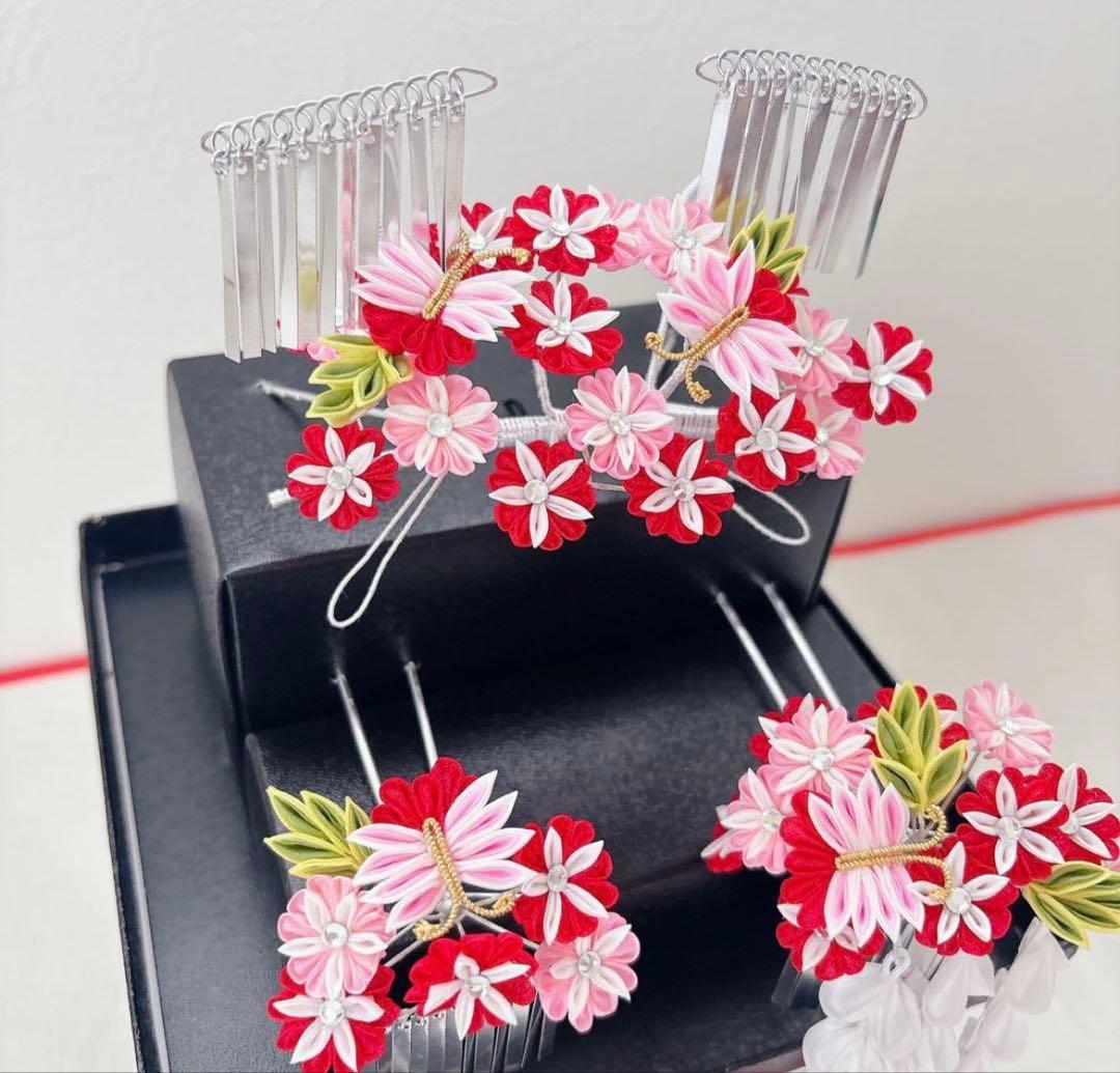 七五三　赤　ピンク　勝山かんざし　髪飾り　簪　かのこ　ちんころ　日本髪　７歳