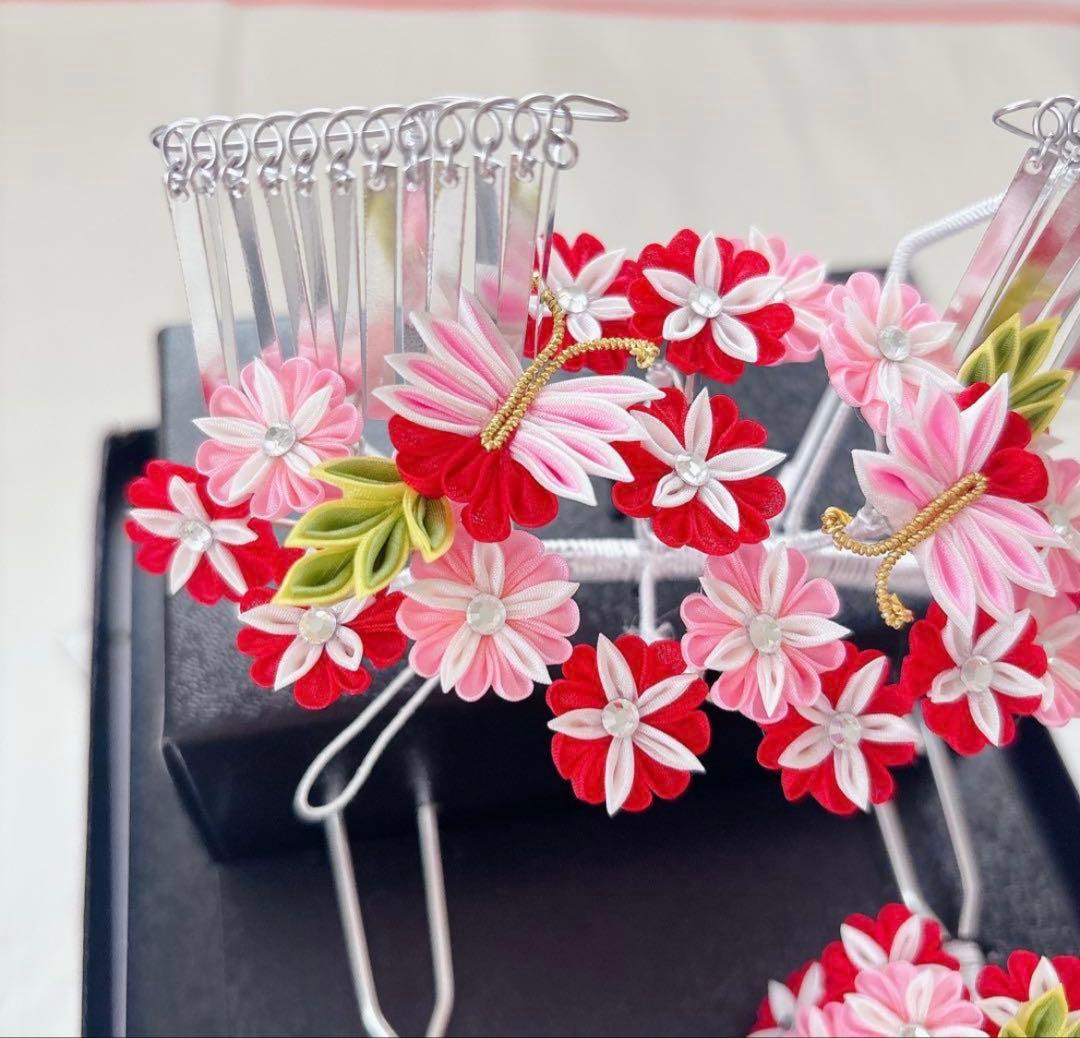 七五三　赤　ピンク　勝山かんざし　髪飾り　簪　かのこ　ちんころ　日本髪　７歳