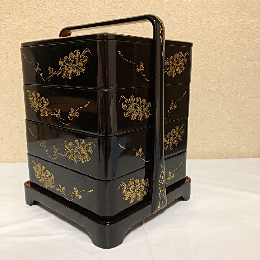 年代物 木製 漆器 漆塗り 重箱 お重 四段重 持ち手 木箱入り