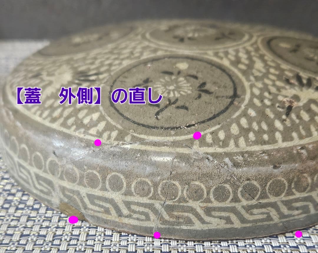 半島古美術　半島古陶磁　高麗青磁象嵌　丸紋に花　鶴図　蓋物　合子　径16.4cm