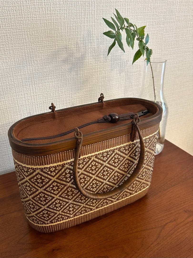 プラニー工房竹カゴバックM/花菱模様ブラウン/ファスナータイプ