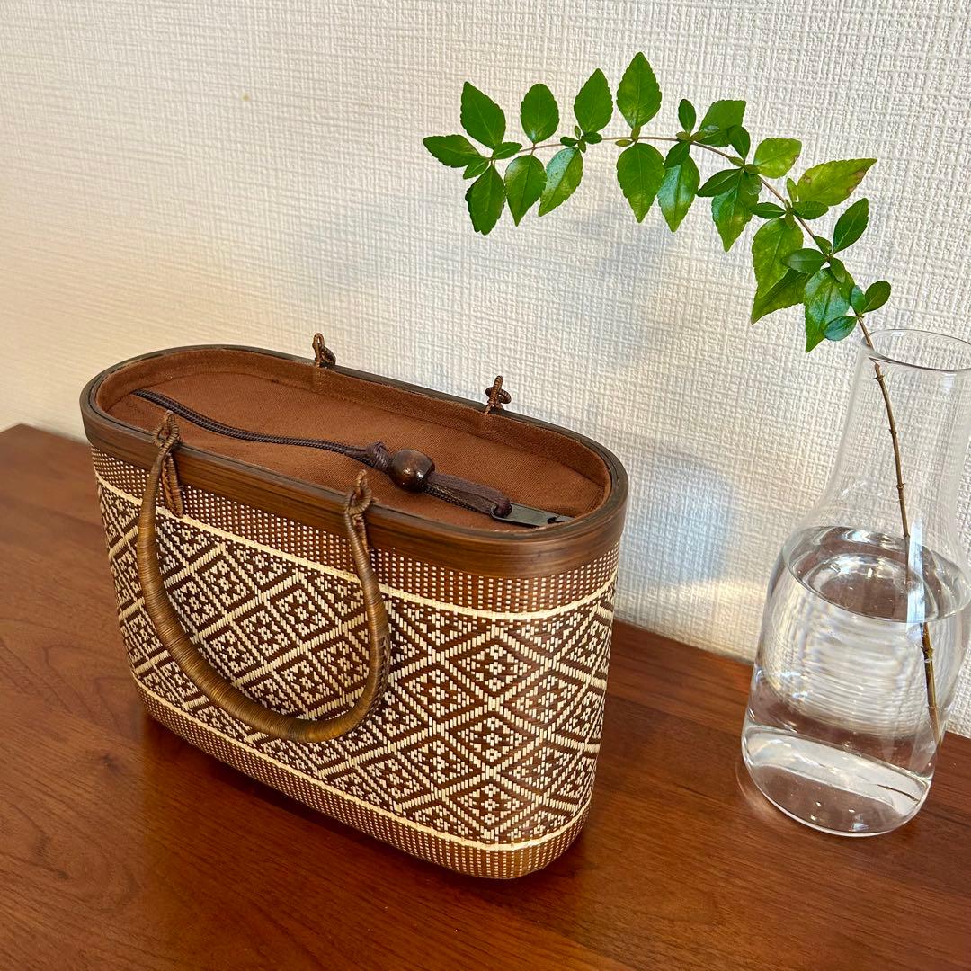 プラニー工房竹カゴバックM/花菱模様ブラウン/ファスナータイプ