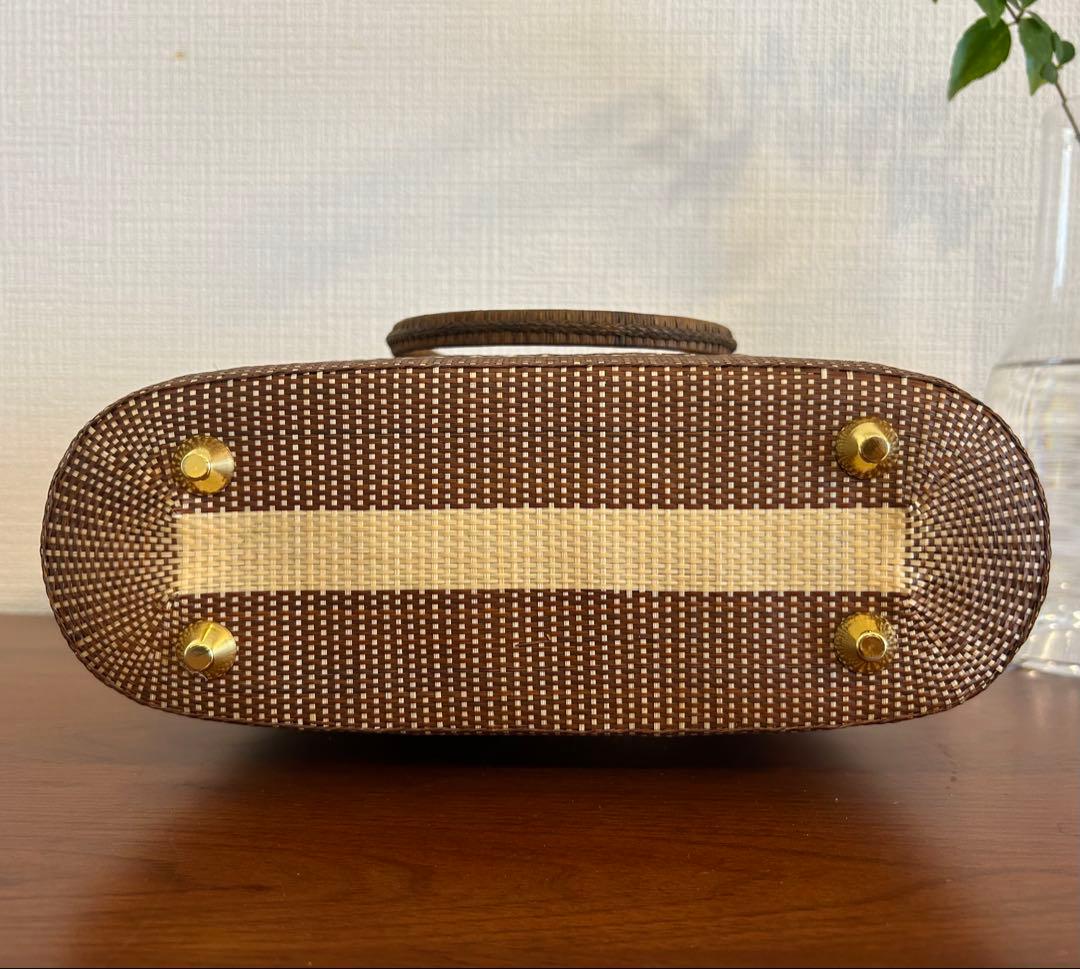 プラニー工房竹カゴバックM/花菱模様ブラウン/ファスナータイプ