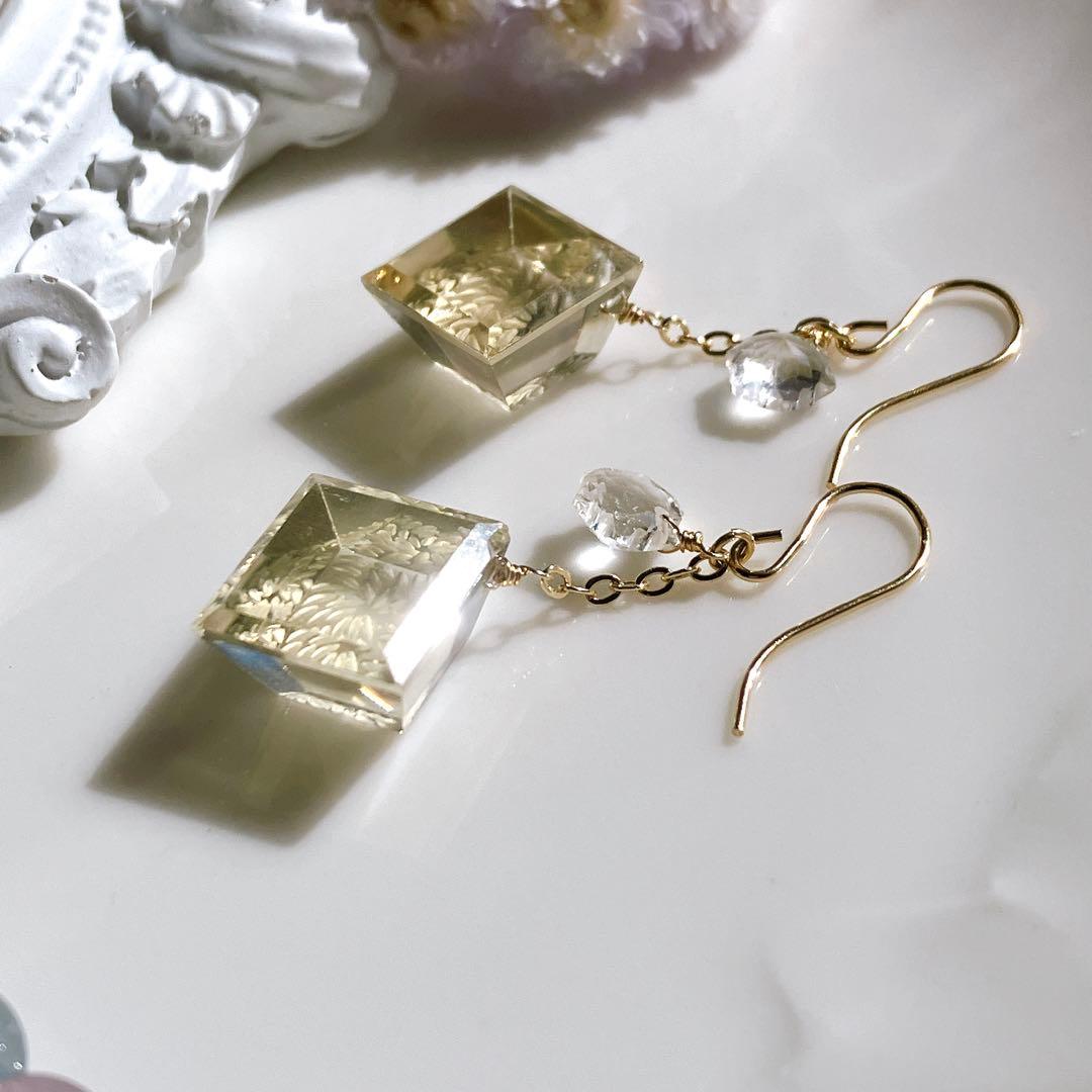 一点物✧雪の結晶水晶×シャンパンクォーツピアス✧14kgf