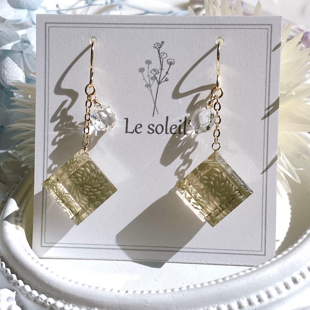 一点物✧雪の結晶水晶×シャンパンクォーツピアス✧14kgf