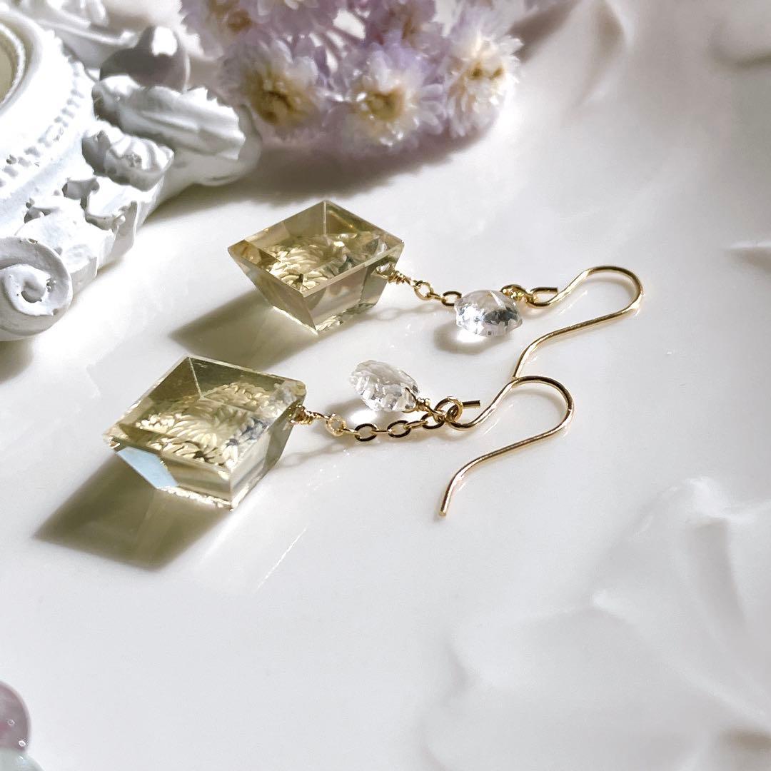 一点物✧雪の結晶水晶×シャンパンクォーツピアス✧14kgf