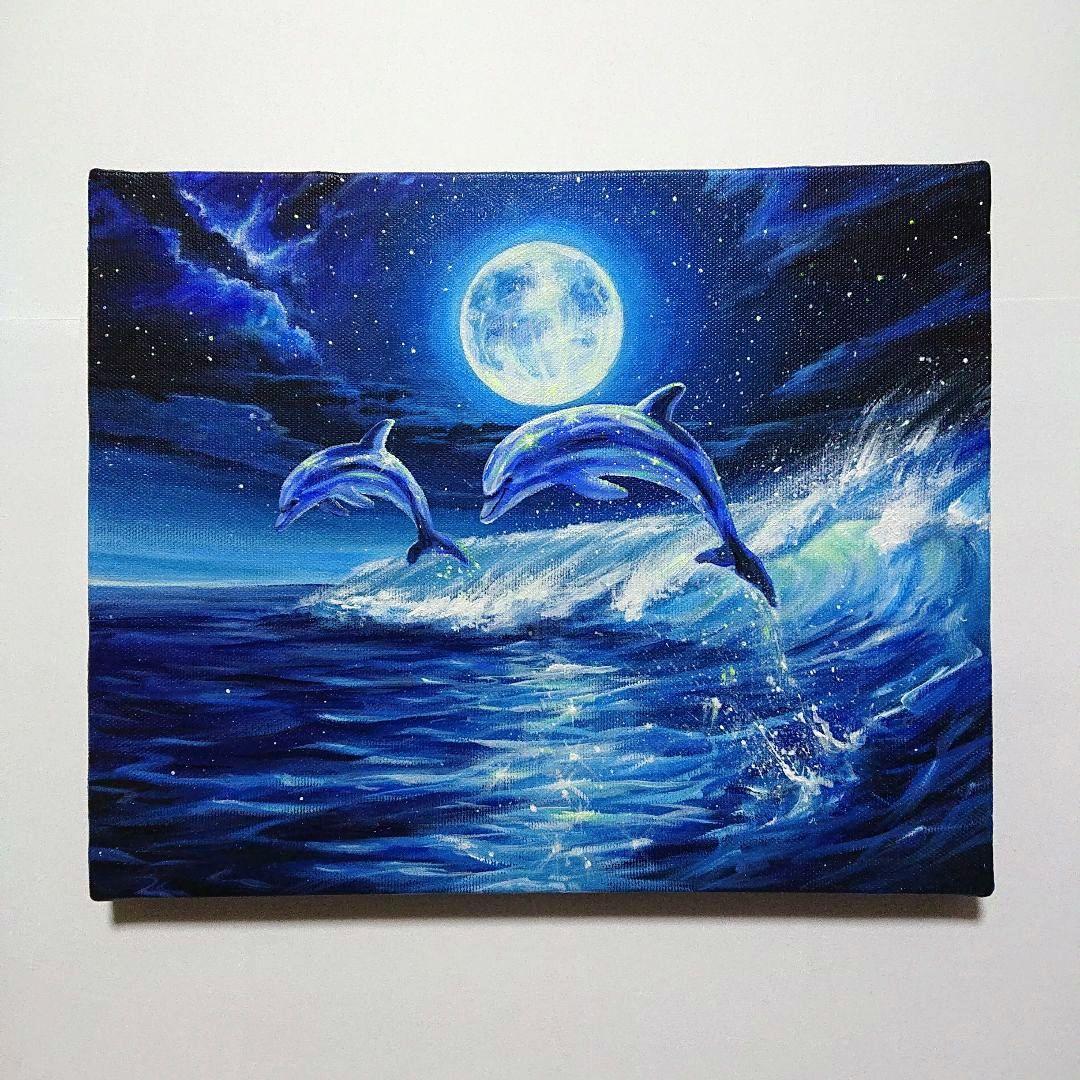 【イルカの夜】アクリル画 F3 風景画 絵画