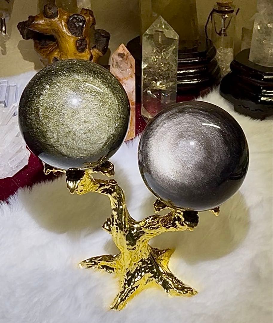 ゴールド＆シルバーオブシディアン スフィアセット 台座付き Amulet