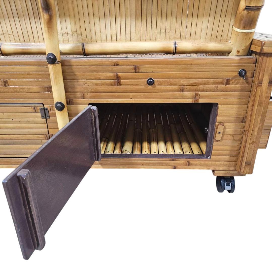 梅里竹芸 3人掛け 健康 長椅子 真竹 片肘テーブル キャスター付き バンブー