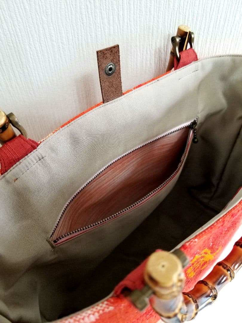 八寸名古屋帯紬　橙色花模様　底しょうざん生紬帯　煉瓦色　リメイク　竹ハンドル