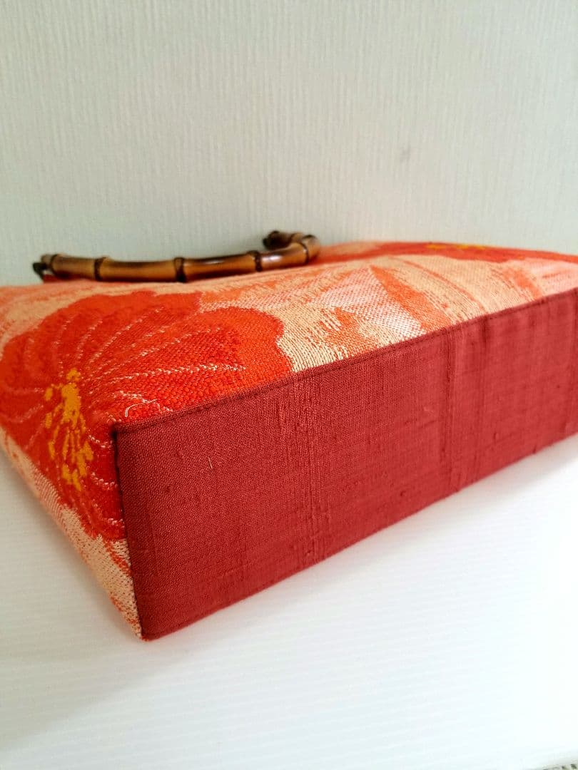 八寸名古屋帯紬　橙色花模様　底しょうざん生紬帯　煉瓦色　リメイク　竹ハンドル