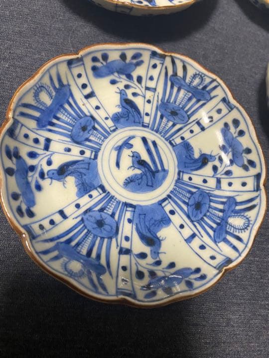 中国古美術品　明代成化年製　芙蓉手　染付(青花)花鳥文盤 茶托4客　皿