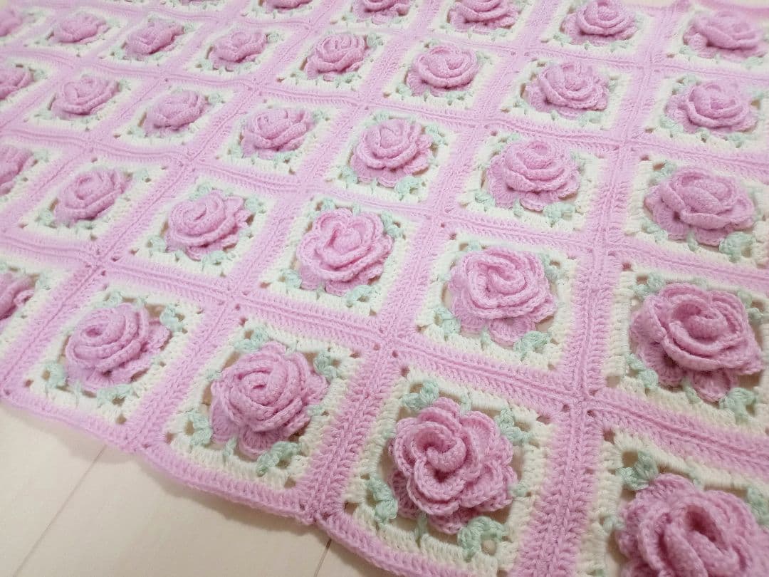 薔薇モチーフ 手編み ひざ掛け ブランケット ピンク ウール