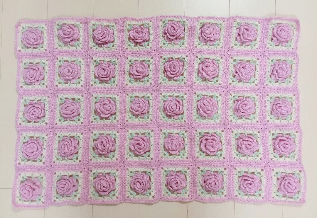 薔薇モチーフ 手編み ひざ掛け ブランケット ピンク ウール