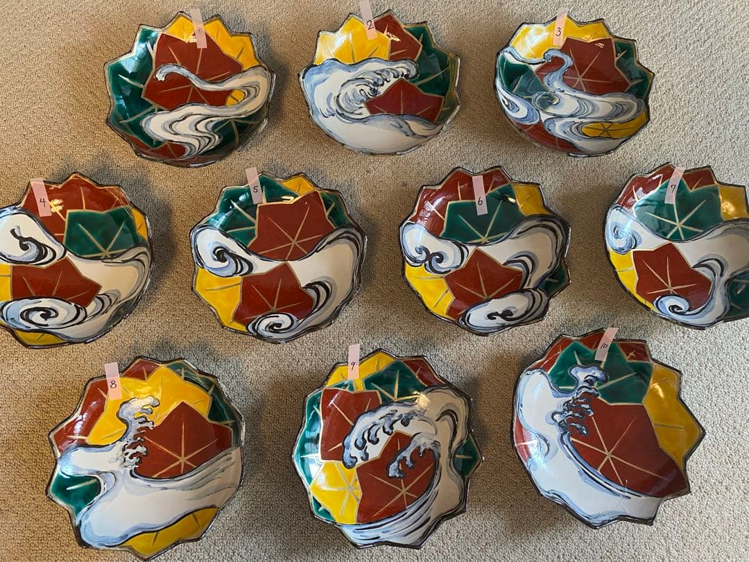 乾山写呉須入り竜田川文向付10種10色絵がわり 10客　清水焼　京器　懐石向付